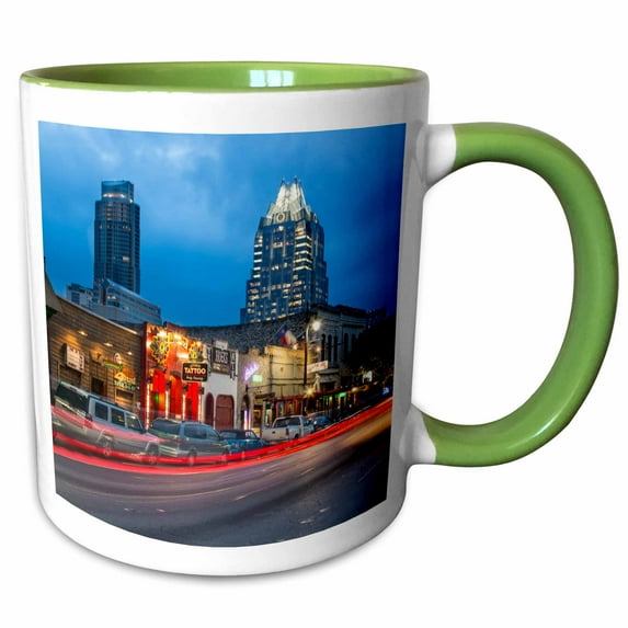 3drose, Sixth Street at Dusk in Downtown Austin, Texas, Usa, 11oz Two-tone Green Mug