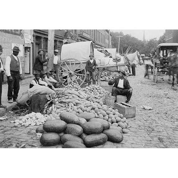 Sixth Street market, Richmond, Va.; African-American vendors and farm produce--melons, corn and squash. Poster Print (18 x 24)