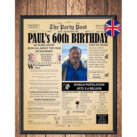 Sixtieth Birthday Uk Newspaper Poster, Unframed Paper Poster 8x10in