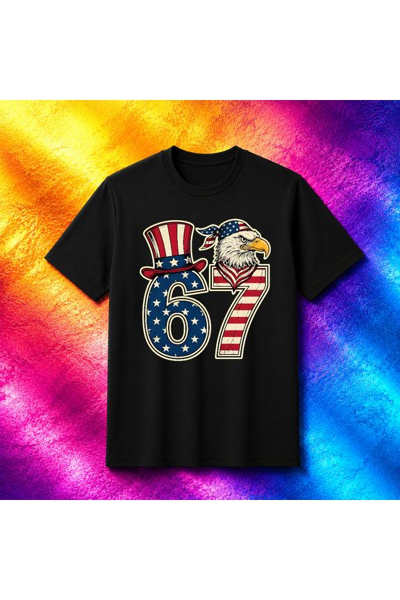 Sixty Seven 67 Eagle Fourth of July Meme USA Flag Joke Unisex T-Shirt V19670, S-5XL