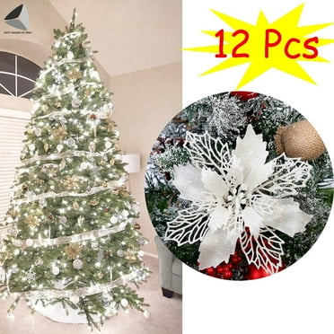 Sixtyshades 12 Pcs Poinsettia Artificial Christmas Flowers Decorations Glitter Xmas Tree Flower Ornaments (White)