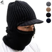 SIXTY SHADES OF GREY Sixtyshades Winter 2 In 1 Beanie Knitted Hats for Women Men Slouchy Fleece Lined Warm Skull Caps with Zipper Face Mask for Cycling Skiing Running (Black)