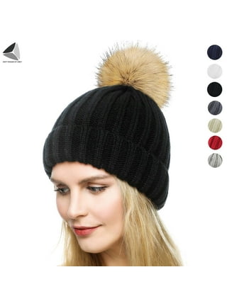 Knit Beanie Hat for Women, Faux Fuzzy Pom Pom Winter Ski Skullies Cap