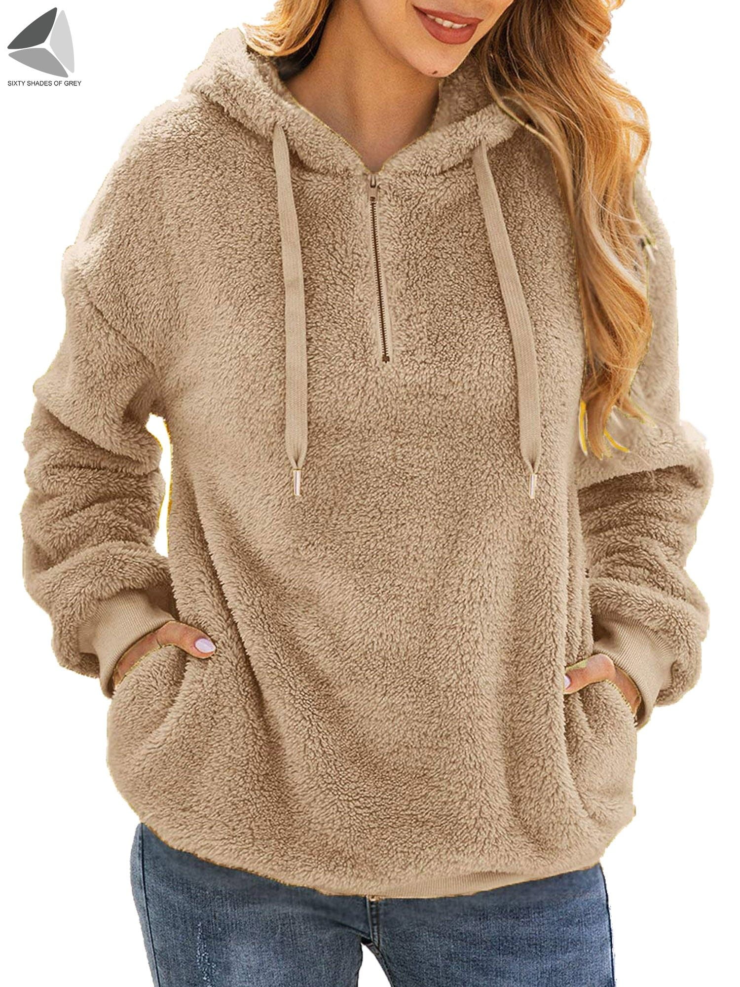 Sixtyshades Womens Fuzzy Fleece Hoodie Sweatshirt Oversized Zip Up