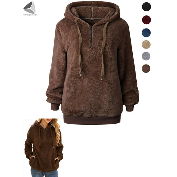 PULLIMORE Womens Fuzzy Fleece Sweatshirt Zip Up Hoodies Casual Oversized Hooded Pullover with Pockets (XL, Coffee)