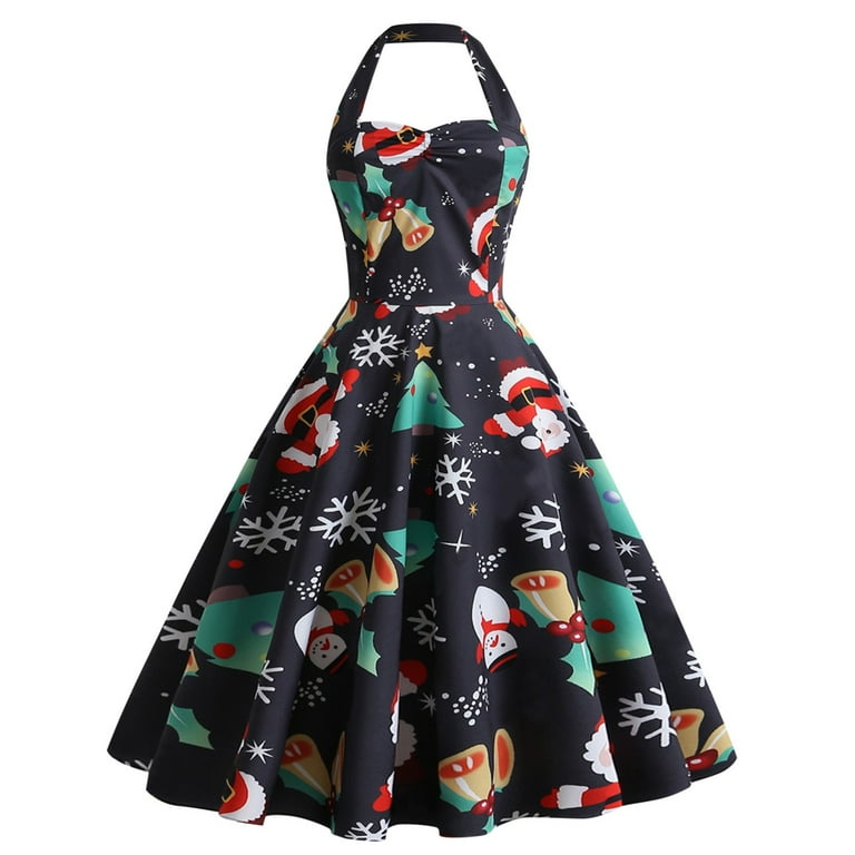 Sixuan Christmas Dresses for Women Black Maxi Dress for Women Women Merry Christmas Dress Vintage Retro Santa Claus Prints Dress Walmart