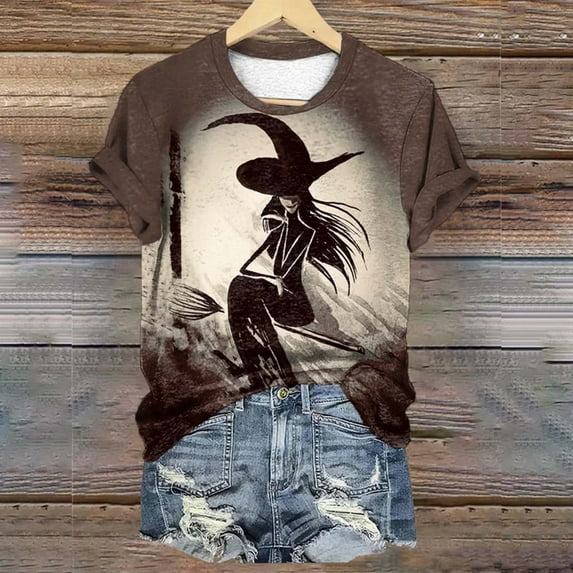 Sixuan Halloween Shirts for Women, Tshirts Womens Fall Fashion 2024 Plus Size Tops, Women'S Retro Witch Printed Casual Crew Neck T Shirt