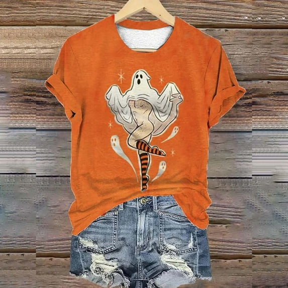 Sixuan Halloween Shirts for Women, Tshirts Womens Fall Fashion 2024 Plus Size Tops, Women'S Retro Witch Printed Casual Crew Neck T Shirt