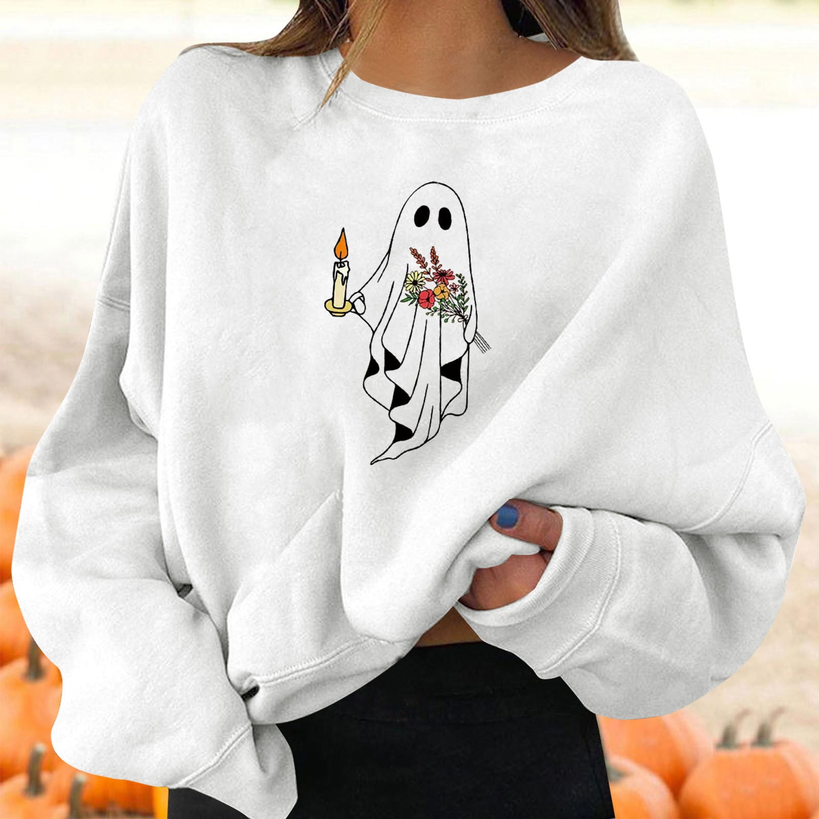 Halloween Cartoon Print Sweatshirt Long Sleeve Pullover Tops Women
