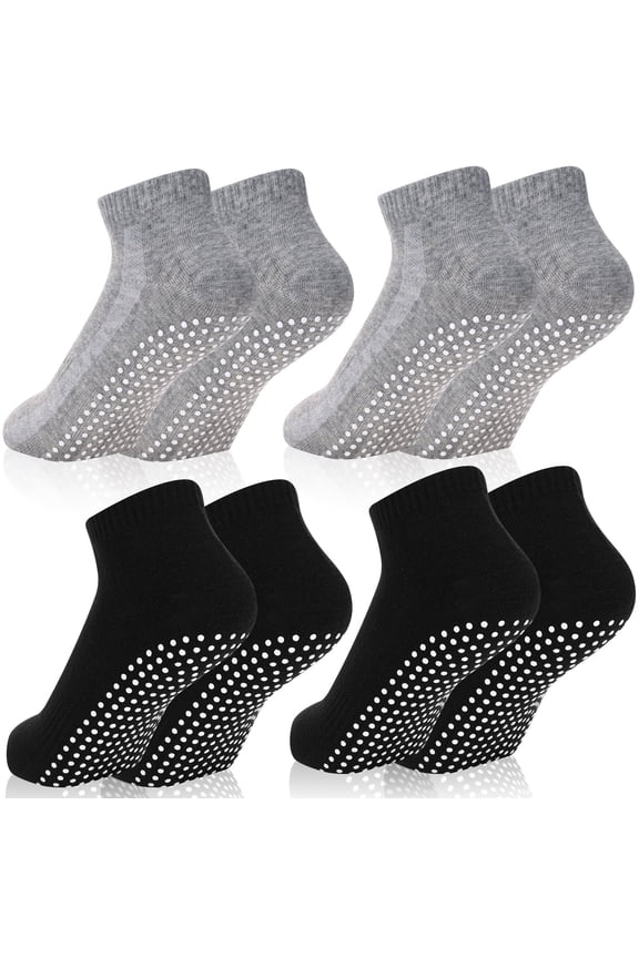 4 Pairs Non Slip Socks with Grip, Anti Slip Socks with Cushion,Full Toe Ankle Fall Prevention Socks with Grip,Non Skid Socks for Yoga,Pilates,Dance,Ballet,Men,Women