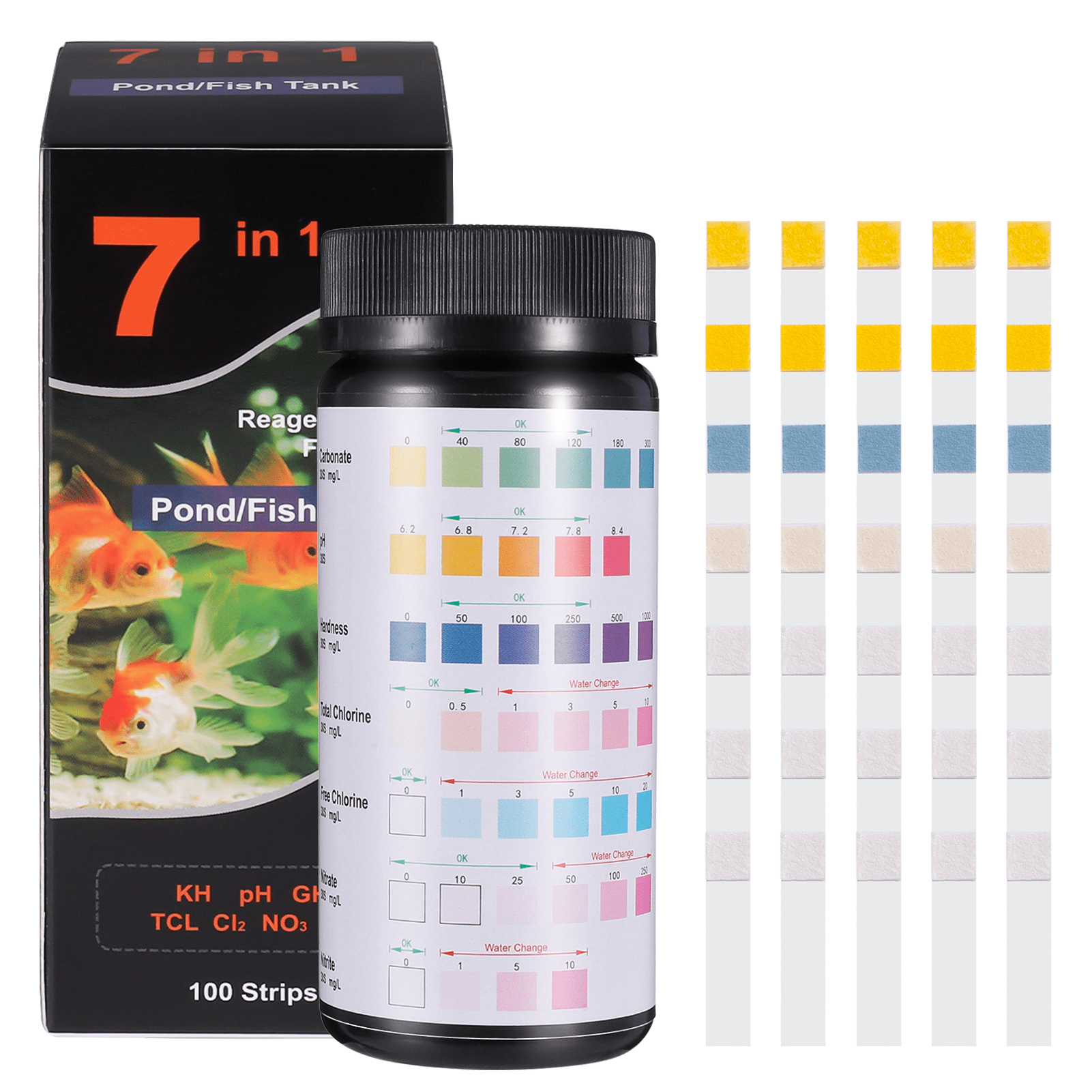 Sixwipe 7 in 1 Aquarium Test Strips, 100 Strips Fish Tank Test Kit, Pool Test Strips, Freshwater Saltwater Aquarium Water Test Kit to Detect, Alkalinity, Nitrite, Nitrate, Chlorine