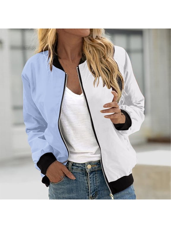 Bomber Jacket Women Fall Jackets for Women Color Block Long Sleeve Stand up Collar Zipper Womens Jacket with Pockets (Light Blue ,S)