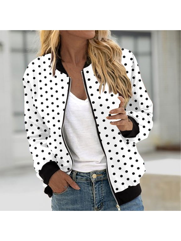 Jackets for Women Bomber Jacket Long Sleeve Stand up Collar Polka Point Zip Zp Lightweight Jacket Women with Pockets (White ,S)