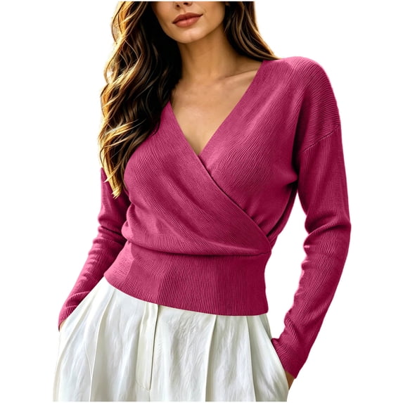 Siyizhua Sweaters for Women V Neck Wrap Cross Front Solid Knit Pullover Long Sleeve Tops Casual Fall Sweater