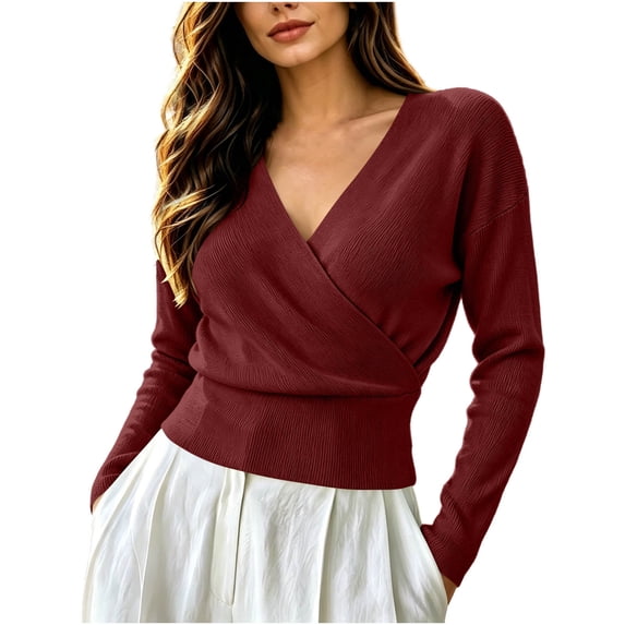 Siyizhua Sweaters for Women V Neck Wrap Cross Front Solid Knit Pullover Long Sleeve Tops Casual Fall Sweater