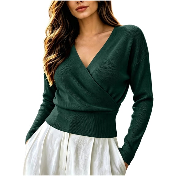 Siyizhua Sweaters for Women V Neck Wrap Cross Front Solid Knit Pullover Long Sleeve Tops Casual Fall Sweater