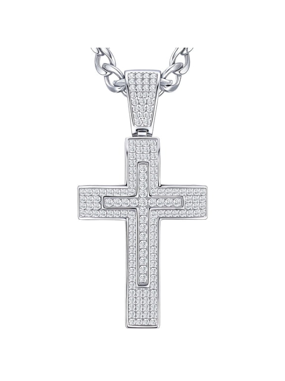 Men's Moissanite Cross Pendant Necklace 18k White Gold Plated over Sterling Silver 24 Inch Chain Religious Hip Hop Jewelry Gift for Men