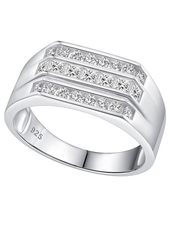 Mens Lab-Created Moissanite Wedding Band 925 Sterling Silver D Color VVS1 Clarity 1.12ct Triple Row Anniversary Engagement Promise Ring for Him Size 12
