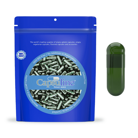 Capsuline Chlorophyll Empty Vegetarian Capsules Size 00  - Green/Green Natural Colorant - TiO2-Free - 5,000 Count