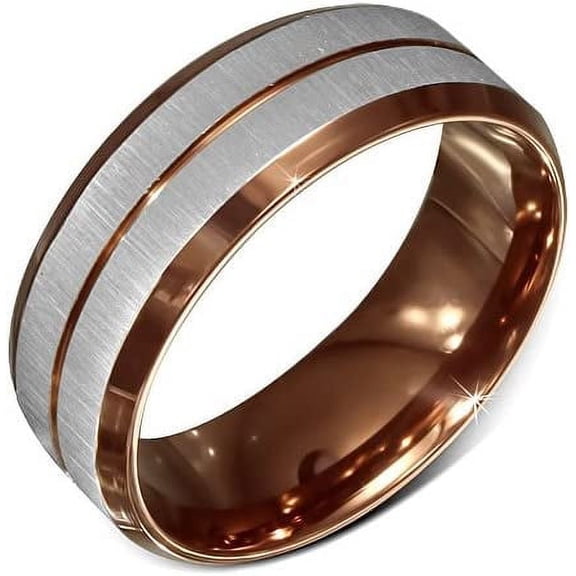 Size 10 8mm Stainless Steel Brown Color Plated 2-tone Satin Finish Beveled Edge Comfort Fit Half Round Band Ring