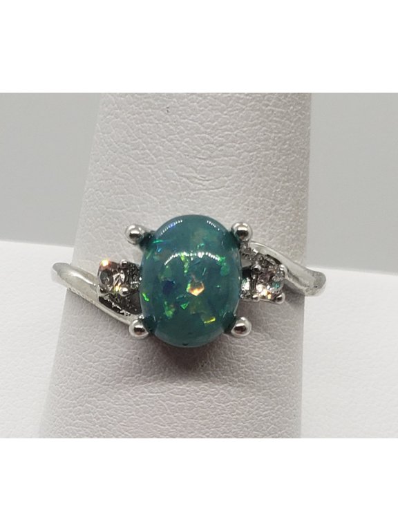 Size 10, Green Fire Opal Silver Ring