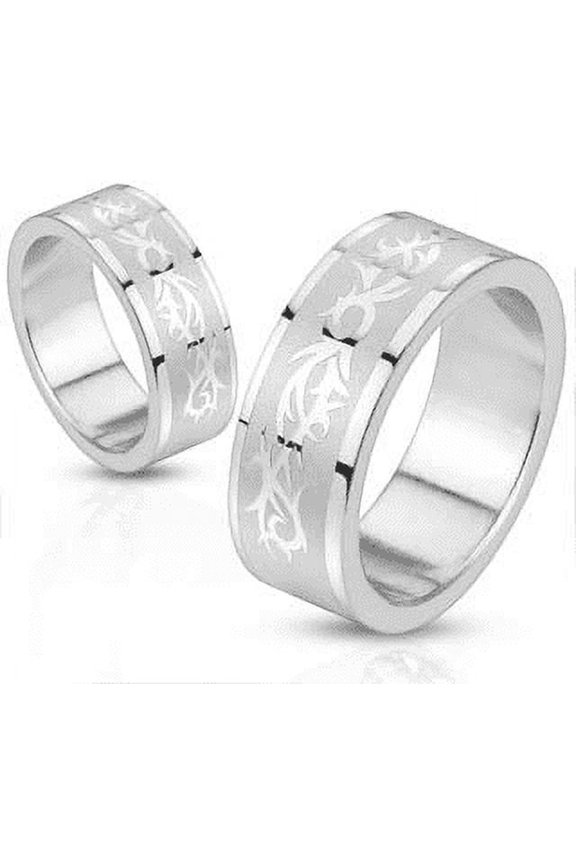 Size 10 Stainless Steel Two Tone Couples Tribal Pattern Band Ring