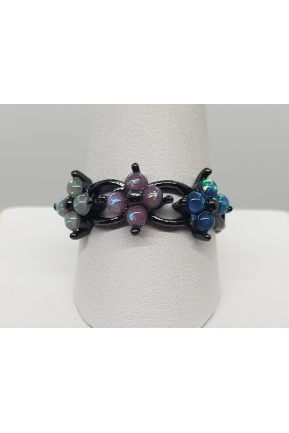 Size 11, Fire Opal Flower Black Gold Ring