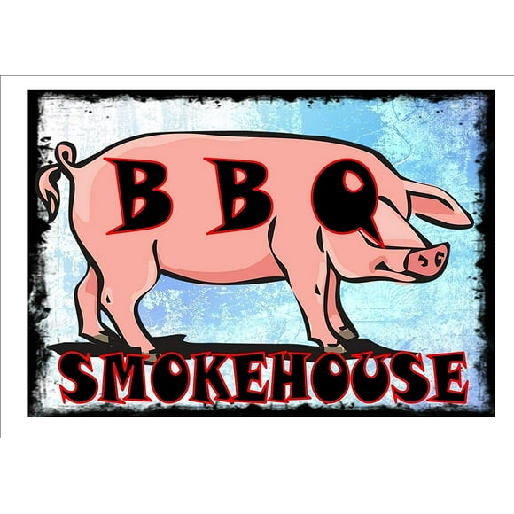 Size: 12*8 Inches Vintage New Tin Poster BBQ Smokehouse Sign Vintage Style BBQ Sign Barbecue Metal Tin Sign Retro Art Family Kitchen Bar Restaurant Garage Cafe Gas Shop Wall Decor