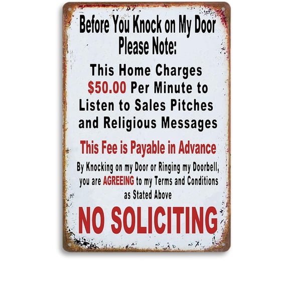 Size: 12x8 Inches Vintage Metal Tin Sign - Humorous No Soliciting Message, $50 Charge Warning, Pre-Payment Required, Door Policy Sign, Funny Privacy Decor, for Home and Business
