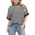 thumbnail image 1 of Size 3-12 Year Girls Casual Striped Tops Short Sleeve Crew Neck Ribbed Knit T Shirts Comfy Loose Basic Pullover Sweater, 1 of 5