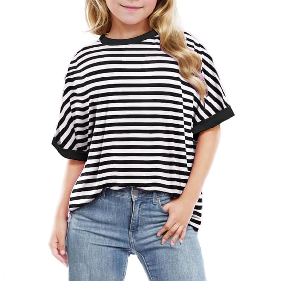 Size 3-12 Year Girls Casual Striped Tops Short Sleeve Crew Neck Ribbed Knit T Shirts Comfy Loose Basic Pullover Sweater