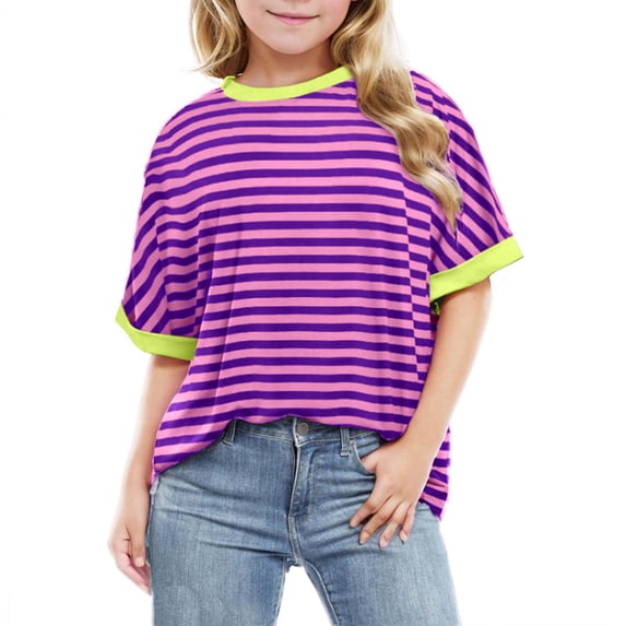 Size 3-12 Year Girls Casual Striped Tops Short Sleeve Crew Neck Ribbed Knit T Shirts Comfy Loose Basic Pullover Sweater