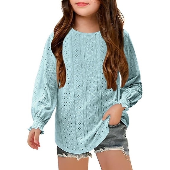 Size 3-12 Year Kids Girls Long Sleeve Shirts Casual Tops Dressy Outfits Spring Fashion Blouses Clothes Eyelet Pullover Top