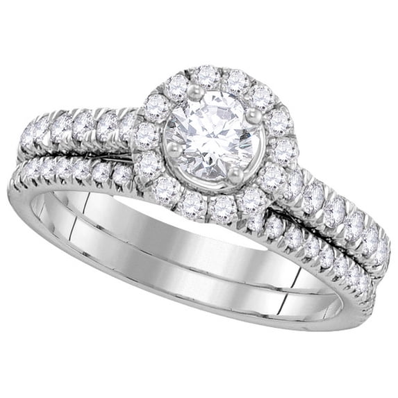 Size - 4.5 - Solid 14k White Gold Round White Diamond Bridal Solitaire Halo Engagement Ring with Matching Wedding Band (.98 cttw)