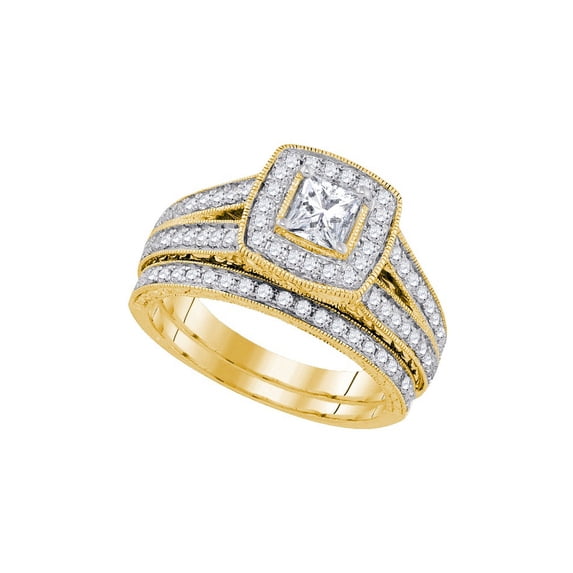 Size - 4.5 - Solid 14k Yellow Gold Princess Cut Round White Diamond Bridal Solitaire Halo Engagement Ring with Matching Wedding Band (1.26 cttw)