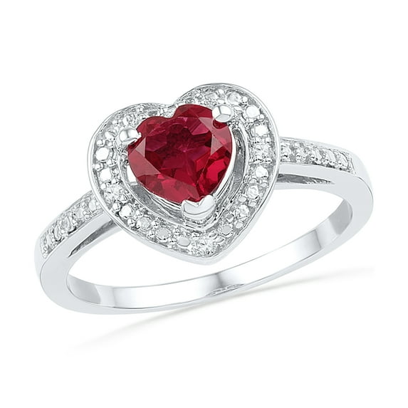 Size - 4 - Solid 925 Sterling Silver Heart Round Red Simulated Ruby And White Diamond Engagement Ring OR Fashion Band Prong Set Solitaire Shaped Halo Ring (.03 cttw)