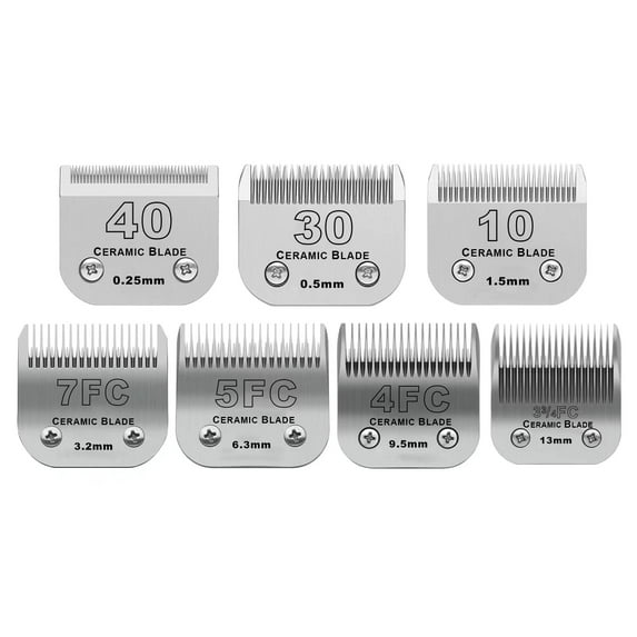 Size 40/30/10/7FC/5FC/4FC/3FC Detachable Pet Dog Grooming Clipper Ceramic Blades Set,Compatible with Andis,Oster A5,Wahl KM10 Series Clippers,Cut Length 1/100"(0.25mm) to 1/2"(13mm),7 Pack