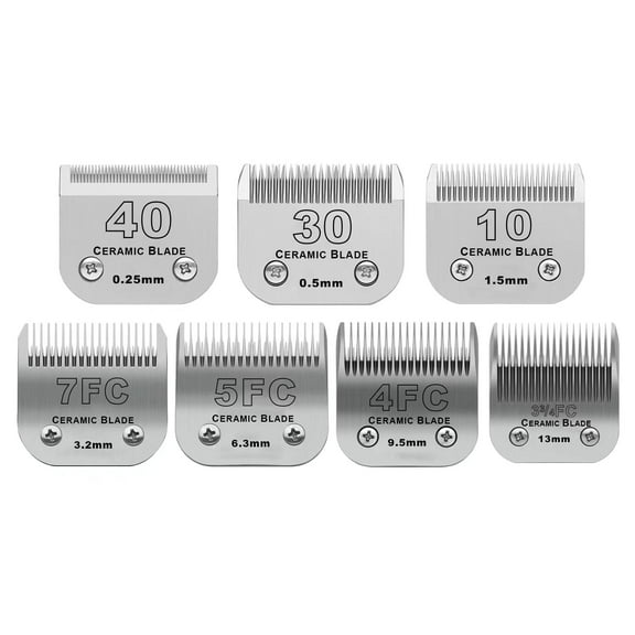 Size 40/30/10/7FC/5FC/4FC/3FC Detachable Pet Dog Grooming Clipper Ceramic Blades Set,Compatible with Andis,Oster A5,Wahl KM10 Series Clippers,Cut Length 1/100"(0.25mm) to 1/2"(13mm),7 Pack