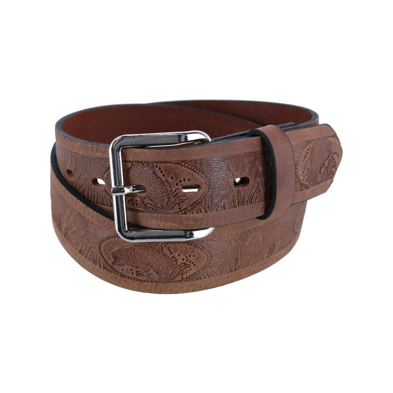 Size 40 Mens Leather Fish Embossed Bridle Belt, Brown