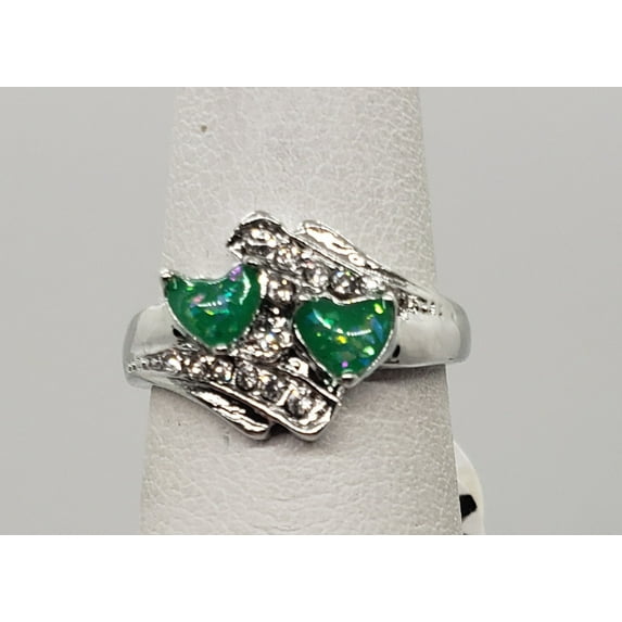Size 5.5, Green Fire Opal Double Heart Ring