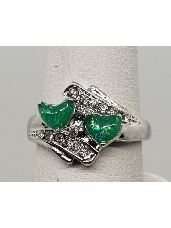 Size 5, Green Fire Opal Double Heart Ring