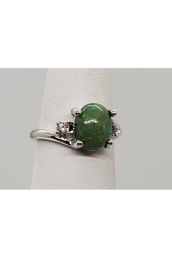 Size 5, Green Fire Opal Silver Ring