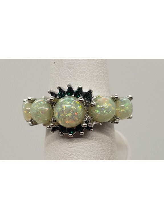 Size 5, Round Green Fire Opal Topaz Silver Ring