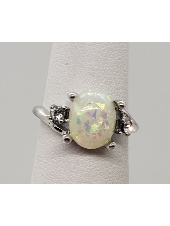 Size 5, White Fire Opal Topaz Silver Ring
