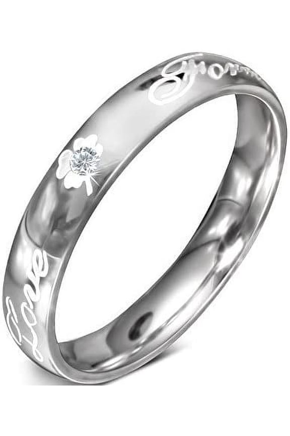 Size 6 4mm Stainless Steel Shamrock Flower Love Forever Monogram Comfort Fit Half Round Band Ring w/ CZ