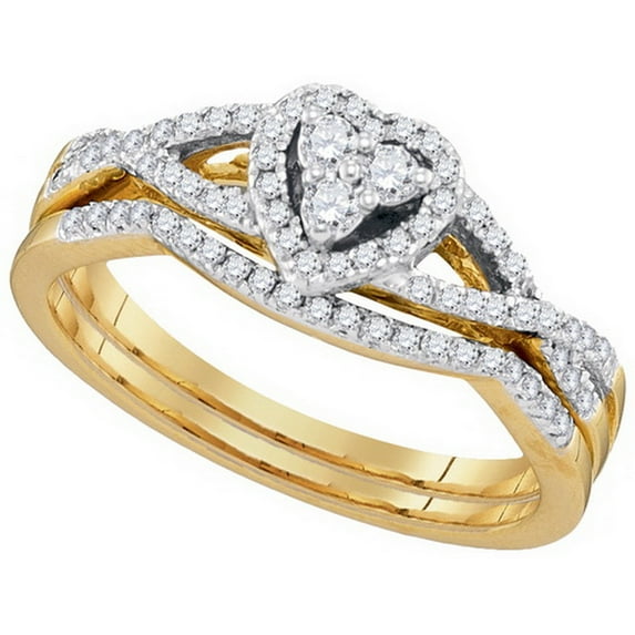 Size - 6.5 - Solid 10k White and Yellow Two Toned Gold Round White Diamond Bridal Heart CrossOver Engagement Ring with Curved Matching Wedding Band (.38 cttw)