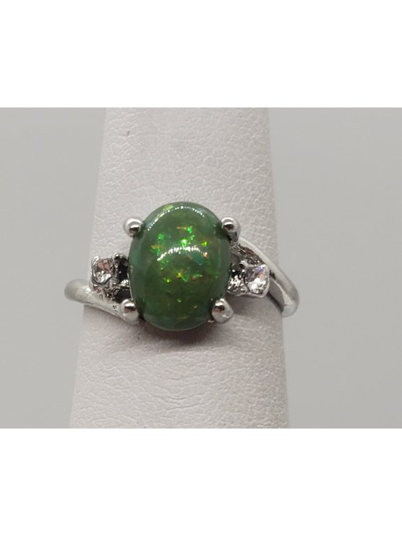 Size 6, Green Fire Opal Silver Ring
