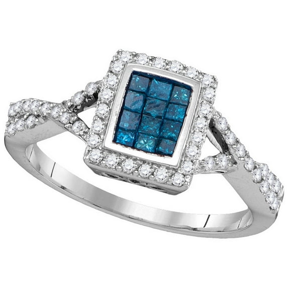 Size - 6 - Solid 10k White Gold Princess Cut Round Blue And White Diamond Engagement Ring OR Fashion Band Invisible Set Emerald-Shape Shaped Halo Ring (.55 cttw)