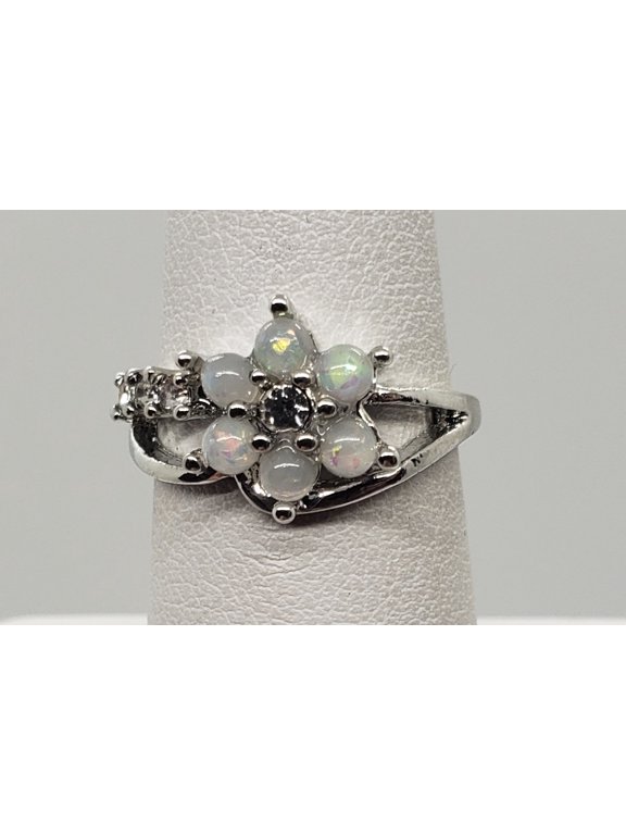 Size 6, White Fire Opal Topaz Flower Ring