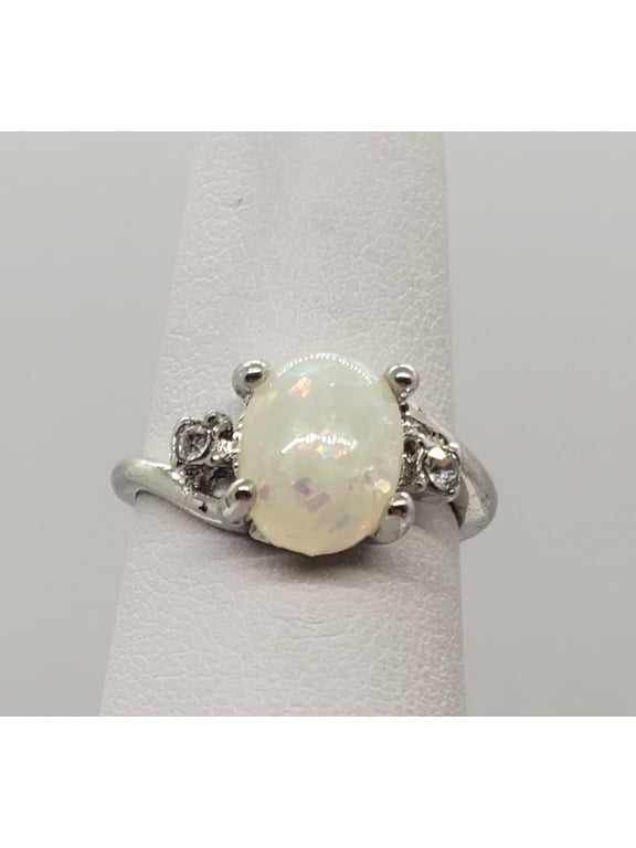 Size 6, White Fire Opal Topaz Silver Ring